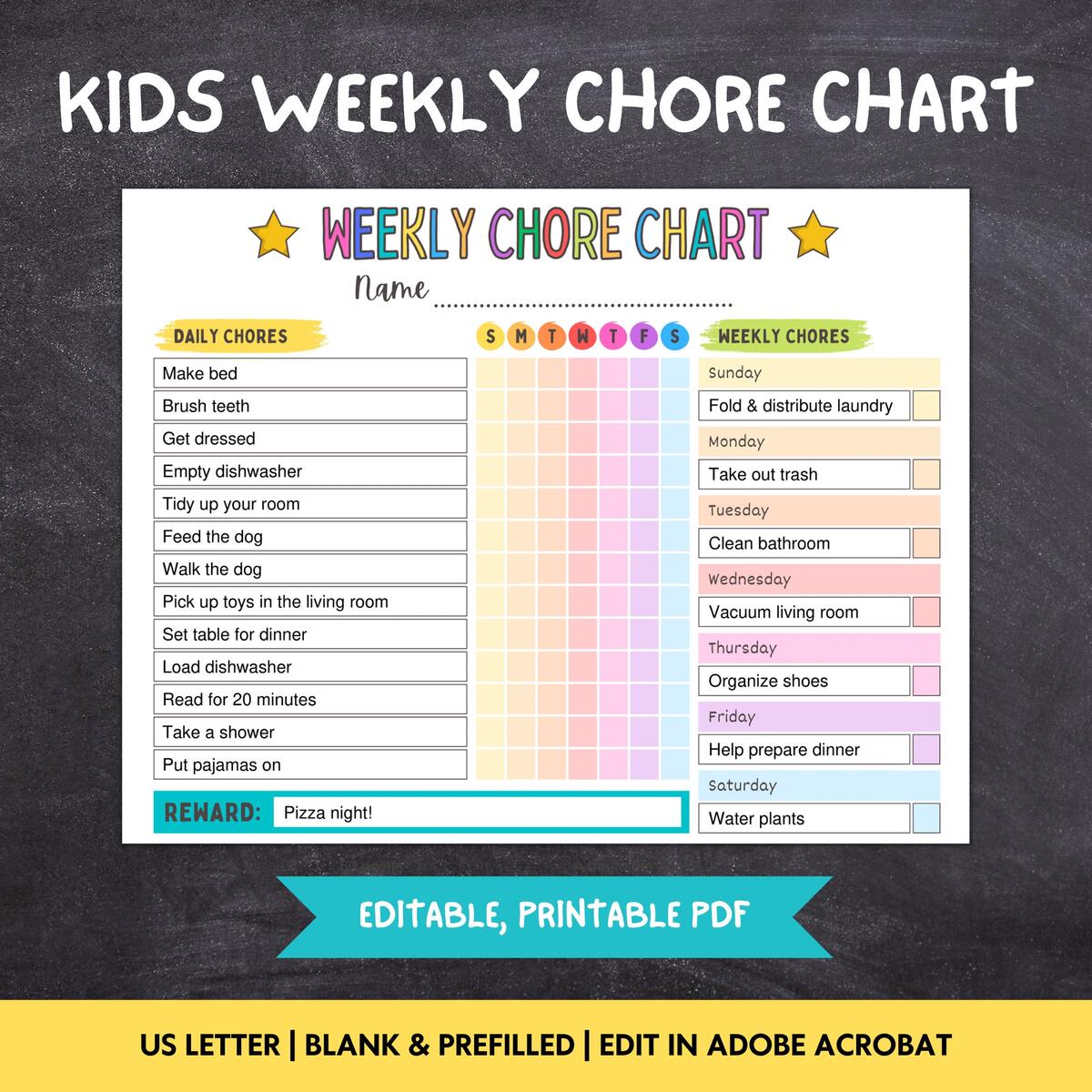 Editable Kids Chore Chart Weekly Responsibility List PDF Etsy