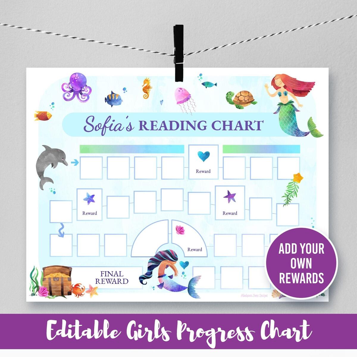 Editable Mermaid Ocean Progress Reward Chart Reading Behavior Teeth Brushing Potty Training Girls Under The Sea Sticker Printable Etsy