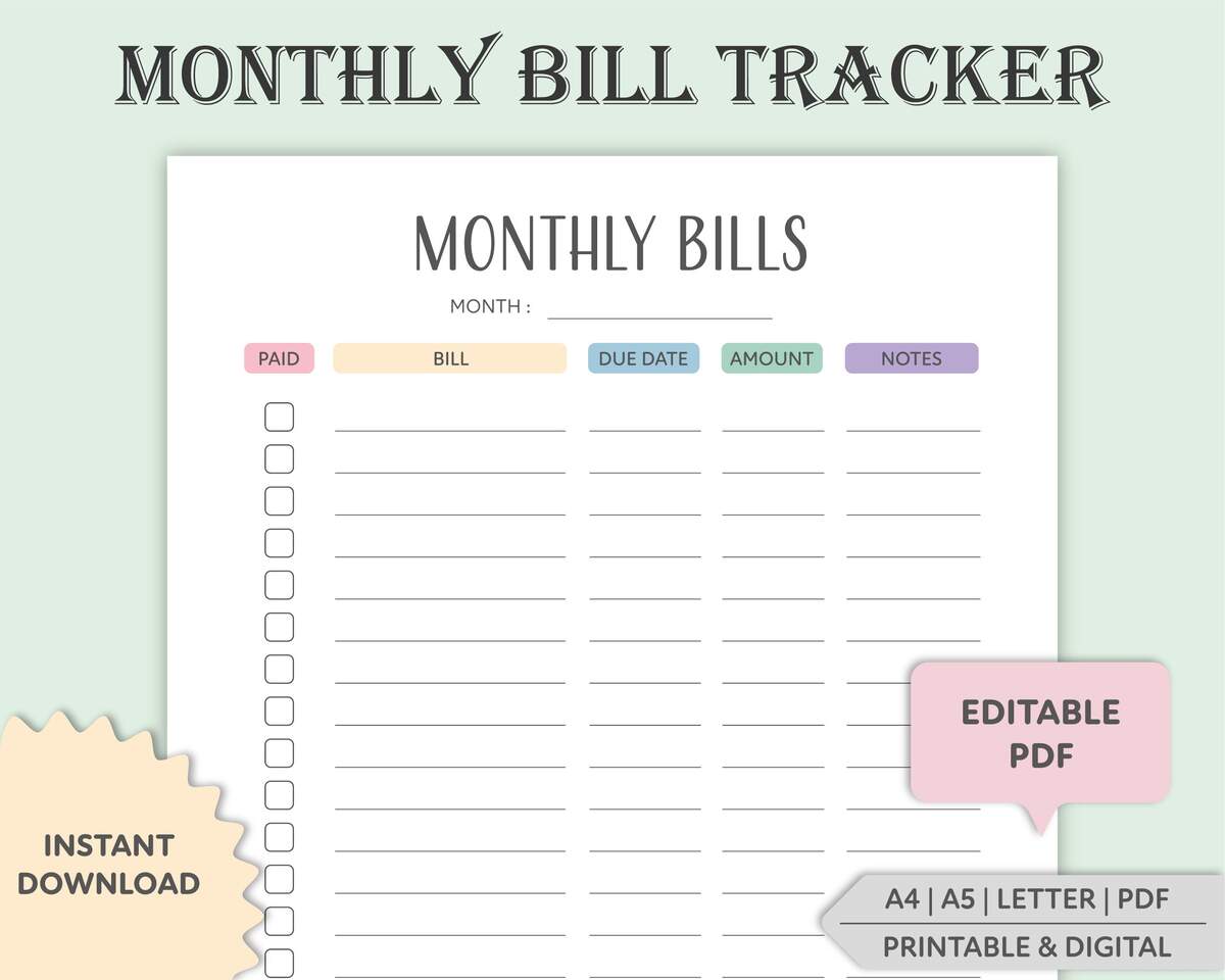 Editable Monthly Bill Tracker Printable Payment Checklist Digital Etsy