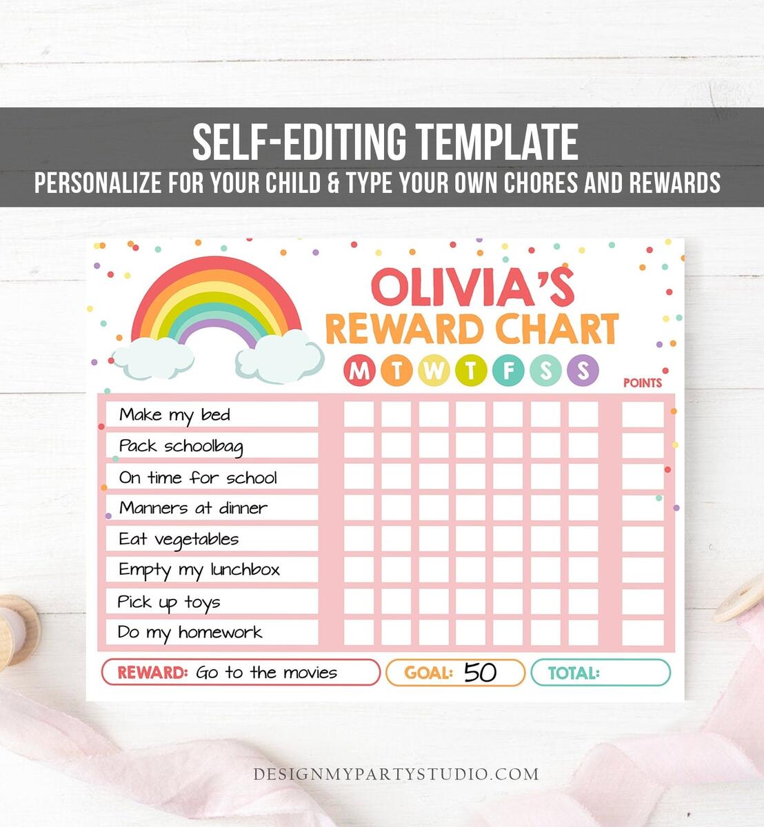 Editable Rainbow Cloud Reward Chart For Girls Chore Chart Kids Routine Chart Pink Rainbow Colors Confetti Digital Printable Corjl Template Etsy