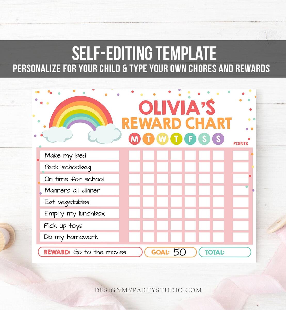 Editable Rainbow Cloud Reward Chart For Girls Chore Chart Kids Routine Chart Pink Rainbow Colors Confetti Digital Printable Corjl Template Etsy