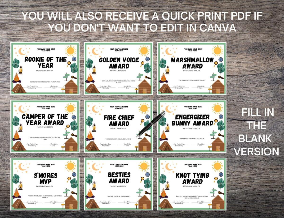 Editable Summer Camp Awards Printable Certificates Instant Download Canva Template Etsy