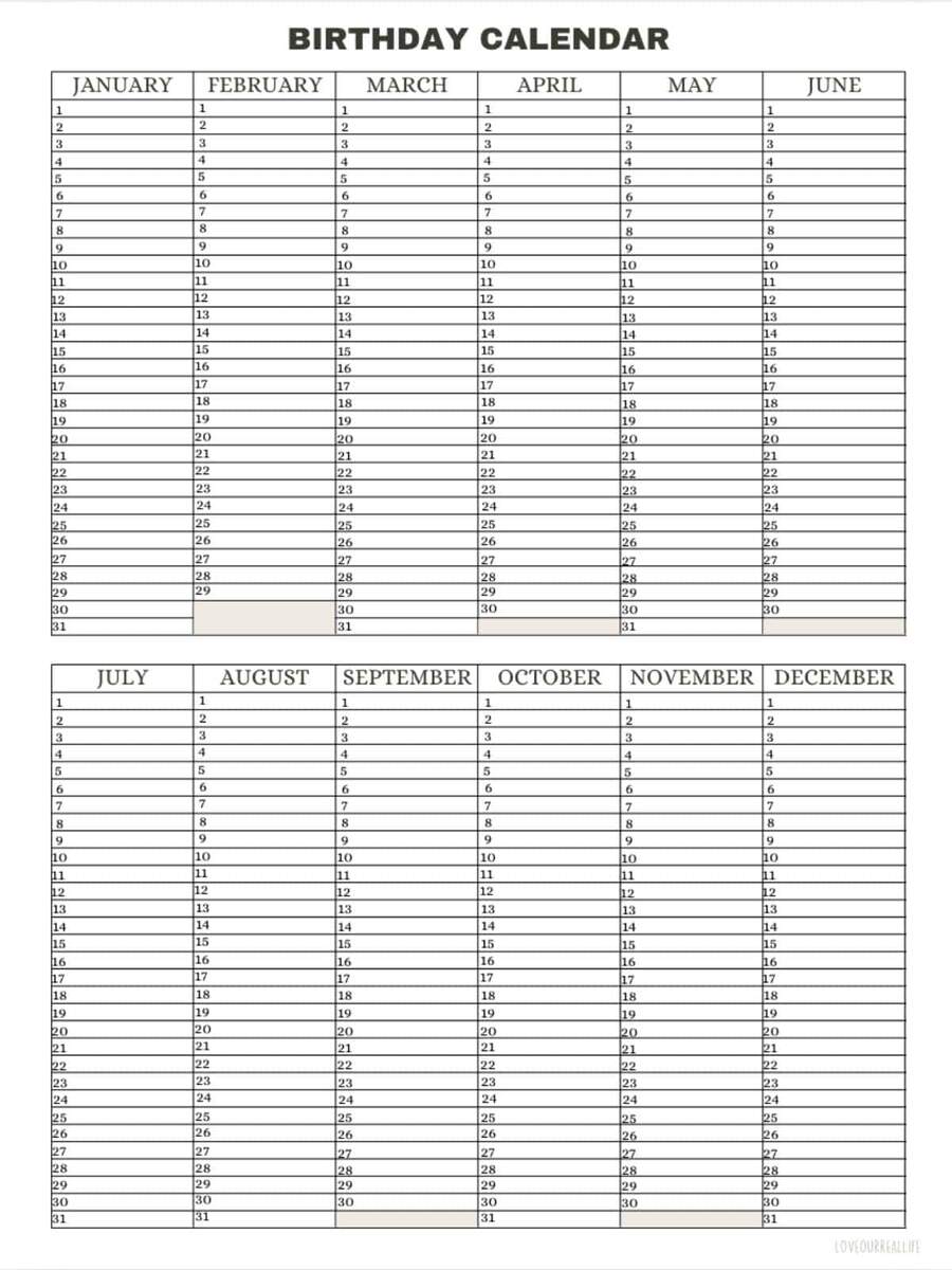 Free Printable Birthday Calendar Template Stay Organized Year Round Love Our Real Life