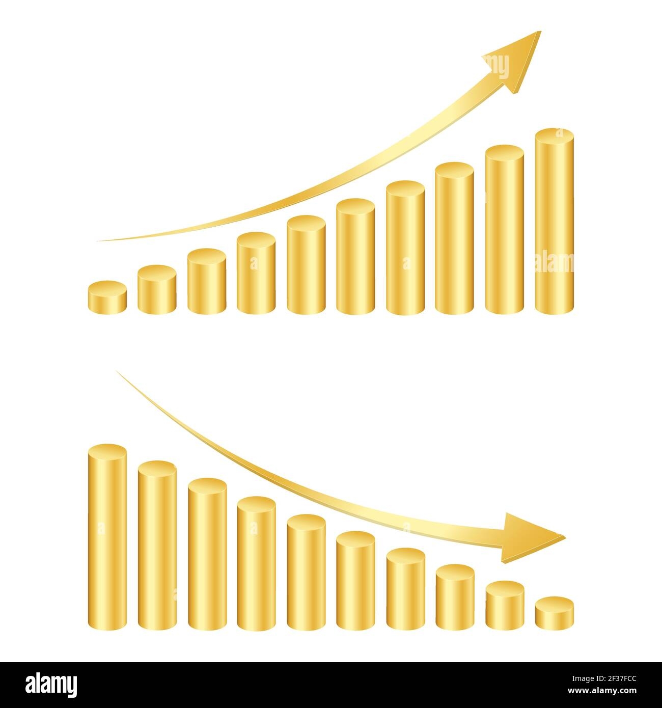 Golden Cylinders Bar Graph With Rising And Decreasing Arrows Growth And Reduction Rate Symbols Column Chart Elements For Finance Statistical Infographic Vector 3d Illustration Stock Vector Image Art Alamy