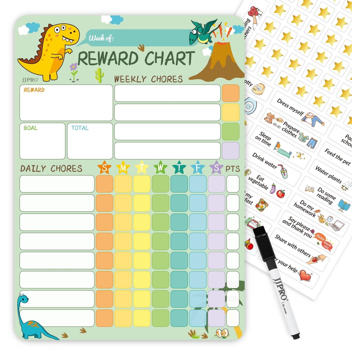 JJPRO Dinosaur Magnetic Chore Chart Dry Erase 26 Tasks 63 Stars 8 5 X12 Walmart