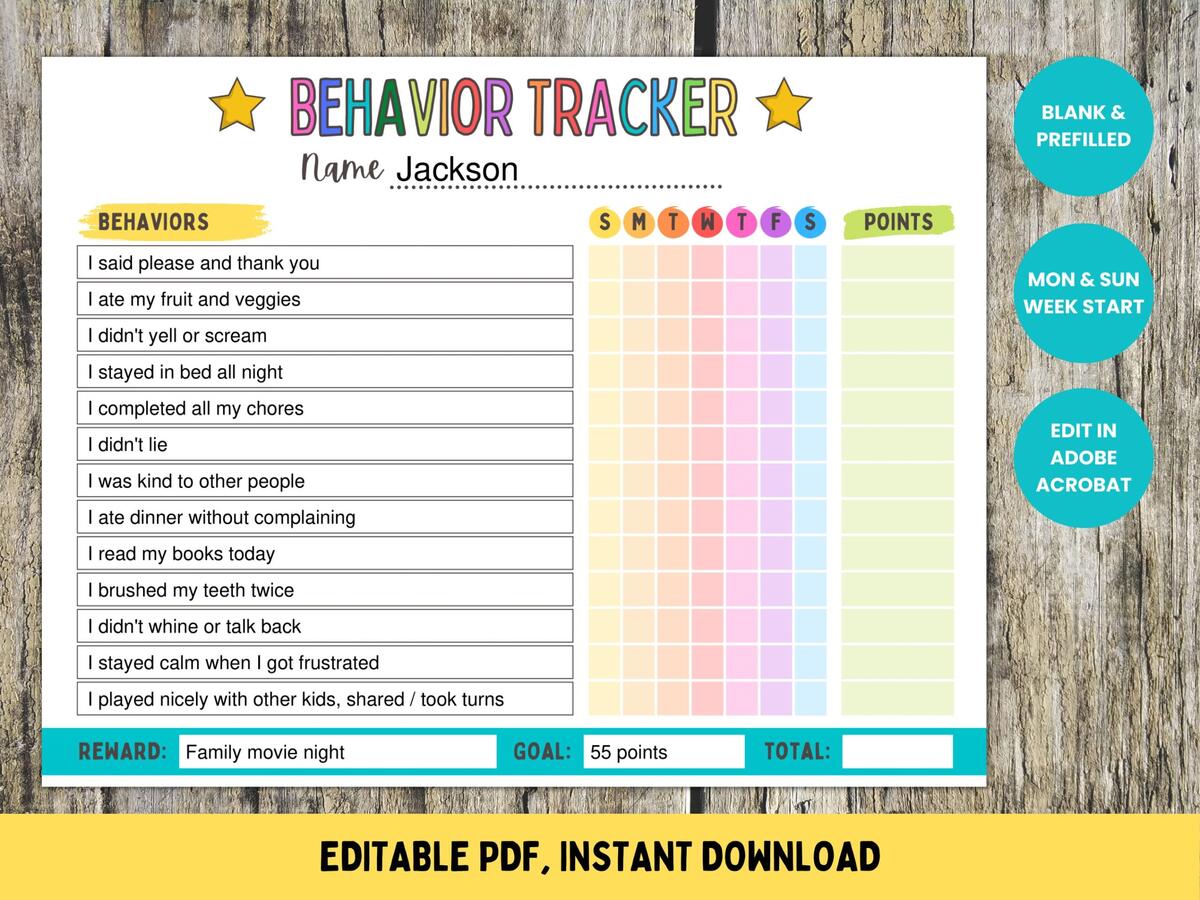 Printable Behavior Chart For Kids Colorful Classroom Management PDF PPTX Etsy