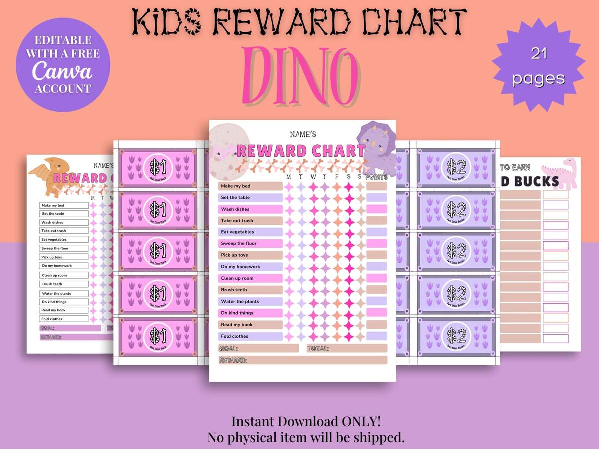 Kids Editable Pink Dino Reward Chart With Reward Bucks Reward Bucks For Kids Printable Kids Reward Chart Reward System Kids Chore Chart Etsy