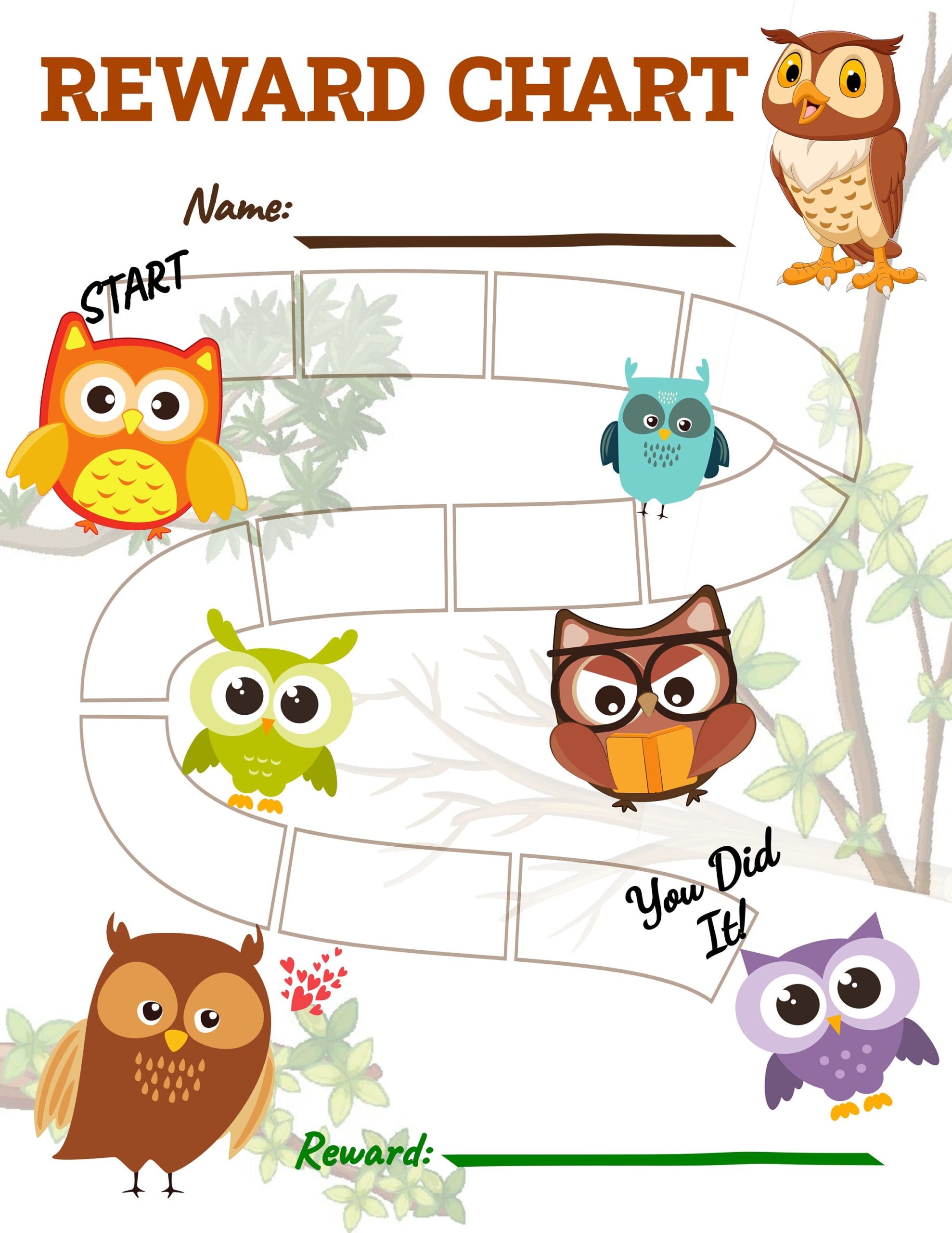 Owl Reward Chart Kids Girl Boy Tracker Chore Encouragement Potty Fun Instant Jungle Wize Teacher Tree Bird Hoot Wise Prey Behavior Bedtime Etsy