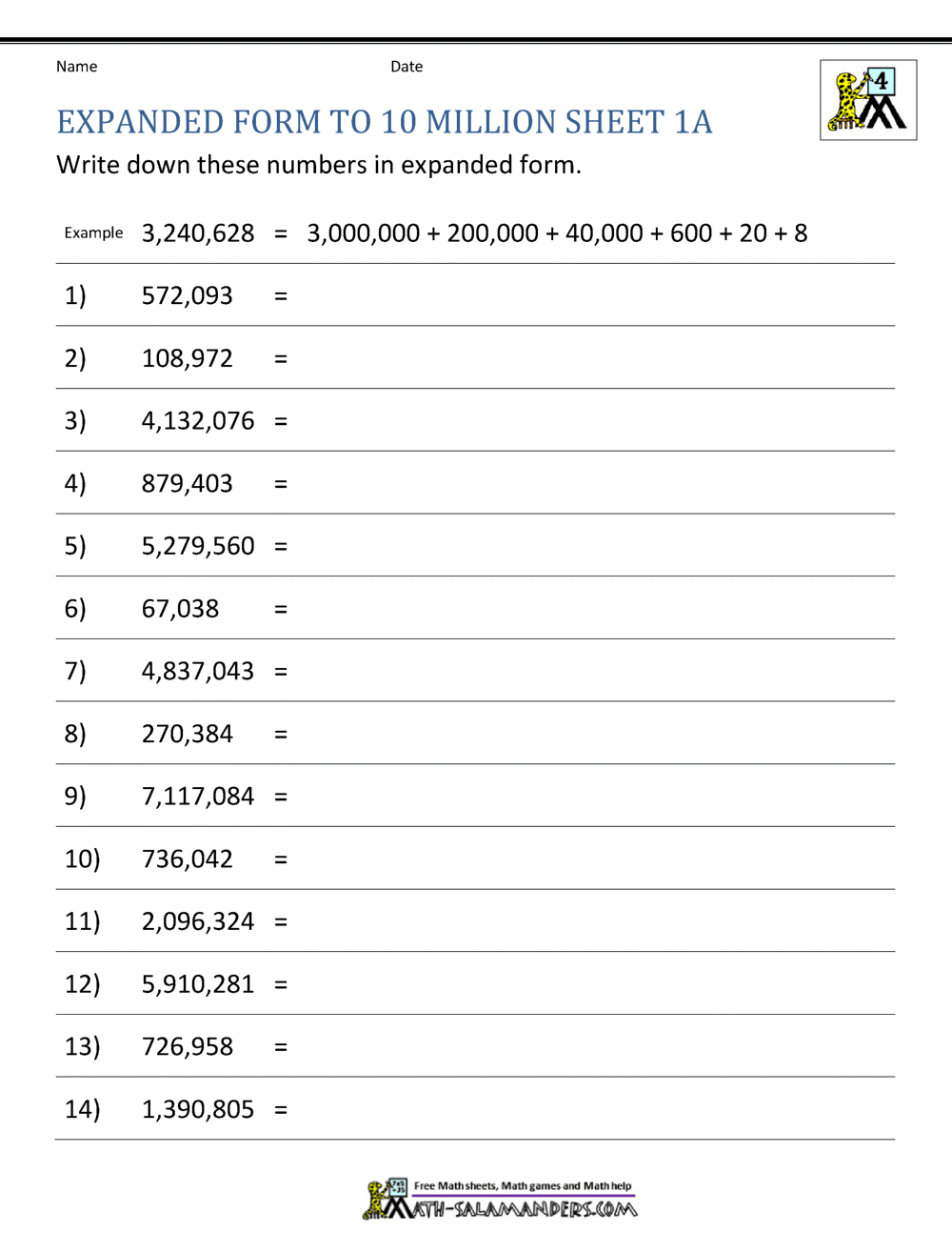 Place Value Worksheet Up To 10 Million Place Value Worksheet Up To 10 Million