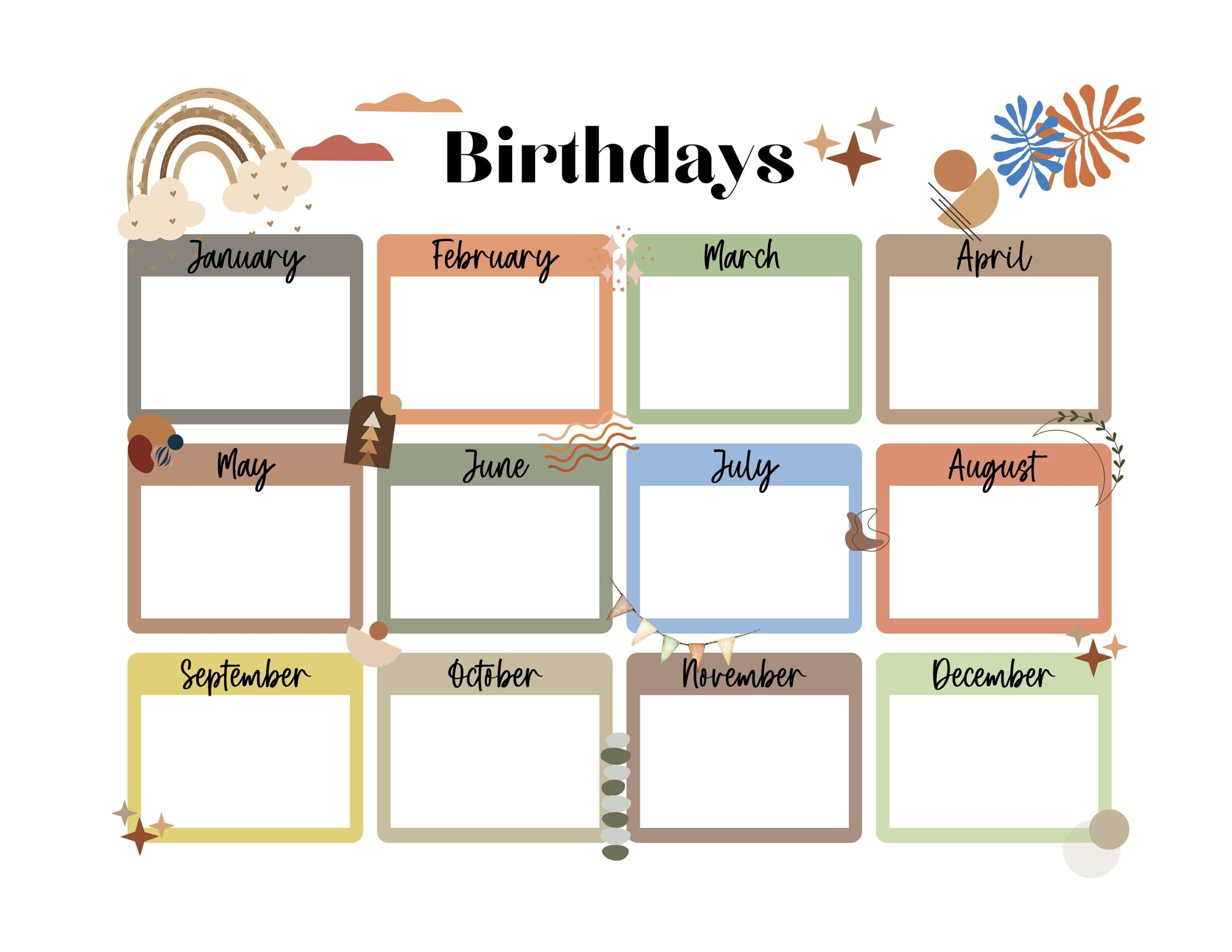 PRINTABLE Birthday Monthly Calendar Kids Boho Cute Birthday Monthly Calendar Printable Planner Birthday Calendar Notability Goodnotes Etsy