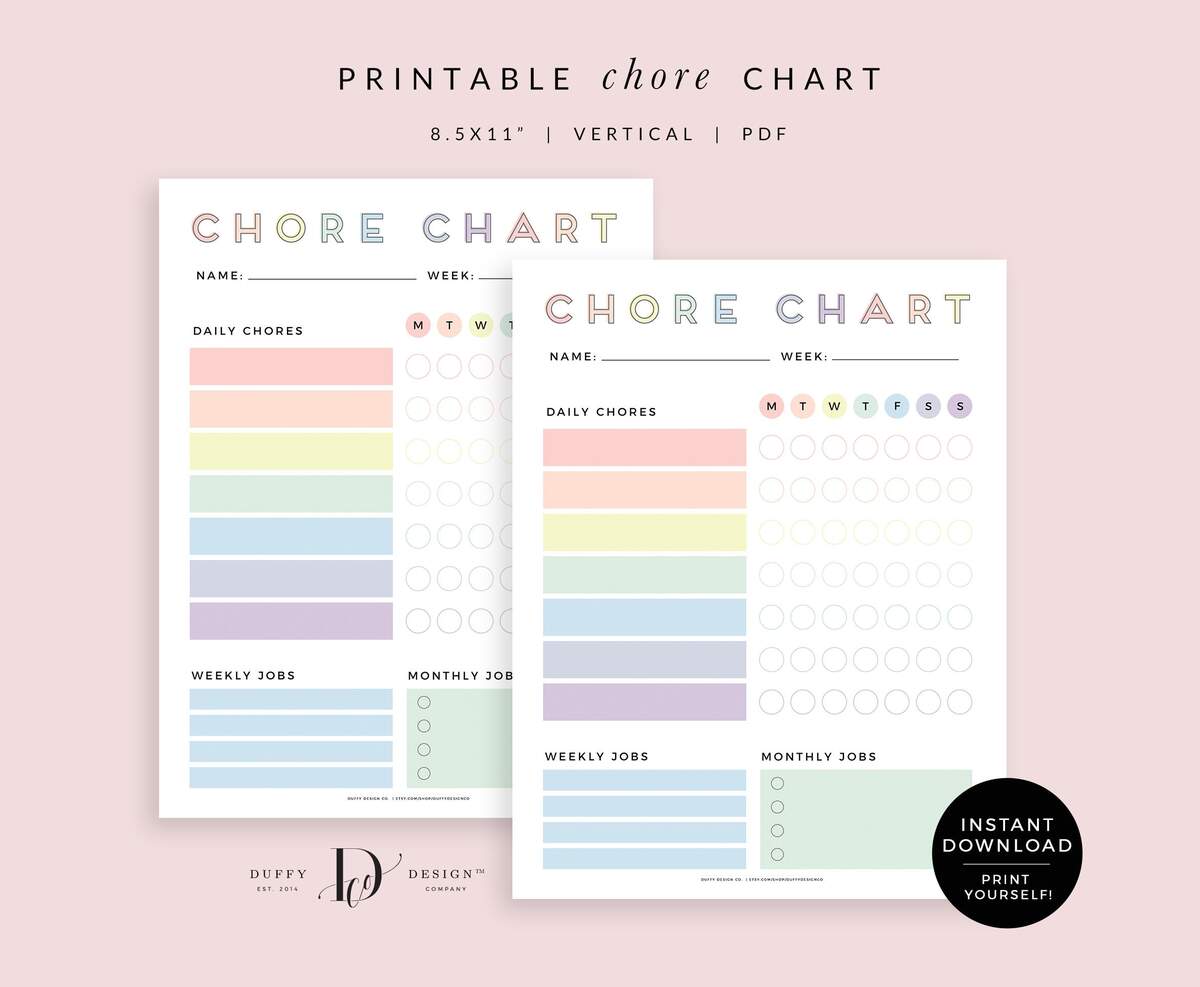 Printable Rainbow Chore Chart My Jobs Chart Daily Weekly Monthly Responsibilities List Toddler Reward Chart INSTANT DOWNLOAD CC001 Etsy