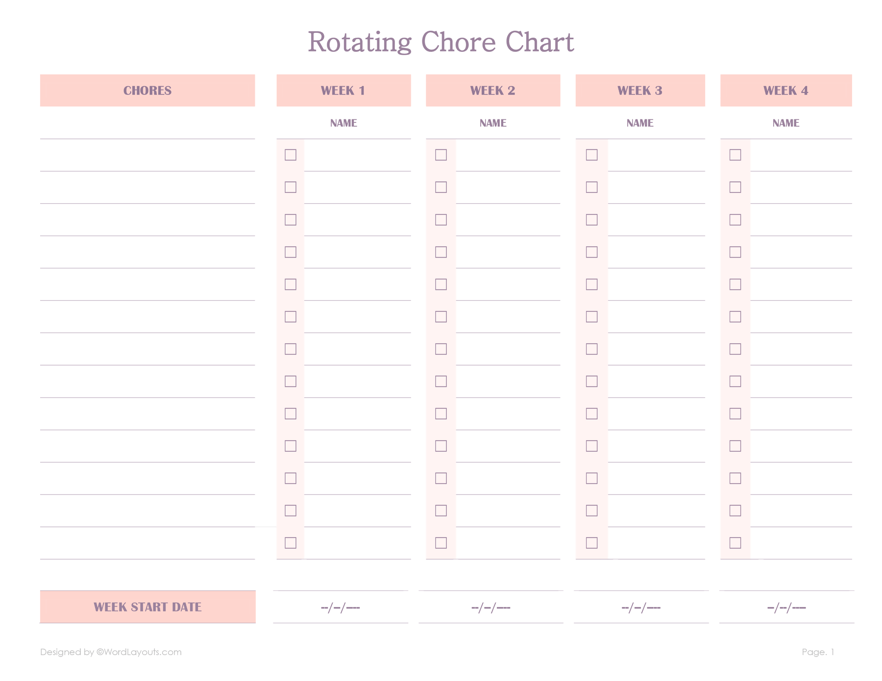 Printable Rotating Chore Chart Template WordLayouts
