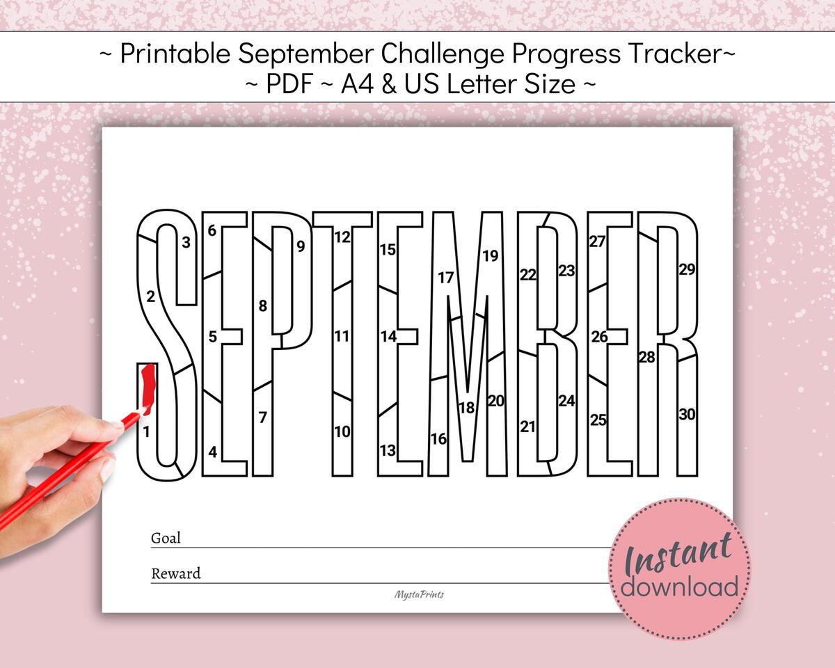 Printable September Challenge Tracker 30 Day Goal Setting Coloring Page Monthly Habit Forming Progress Tracker A4 US Letter PDF Etsy