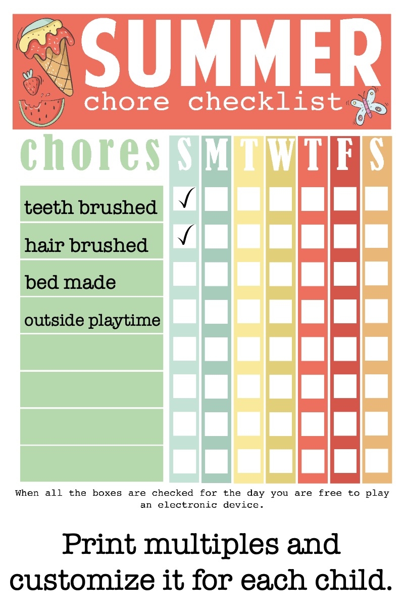 Kids Summer Chore Chart For All Ages Free Printable