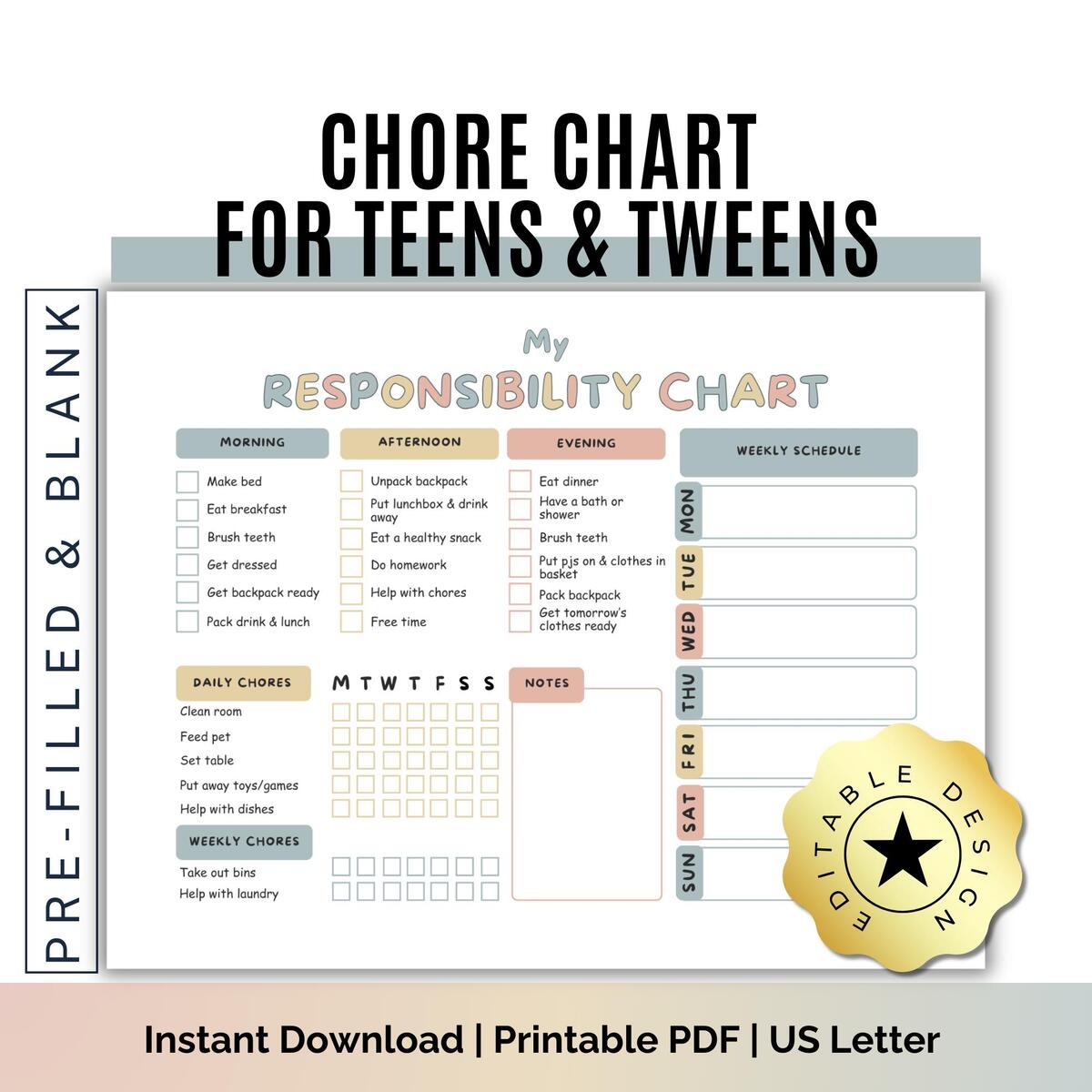 Teen Chore Chart Editable Responsibility Chart Daily Weekly Digital PDF Canva Template Etsy