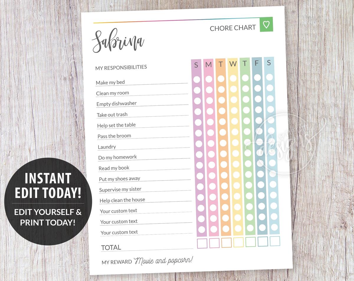 Teens Chore Chart Editable Printable Responsibility Chart Custom Chore Chart Template Teen Rewards Chart Rainbow Color Chart DIY Corjl Etsy