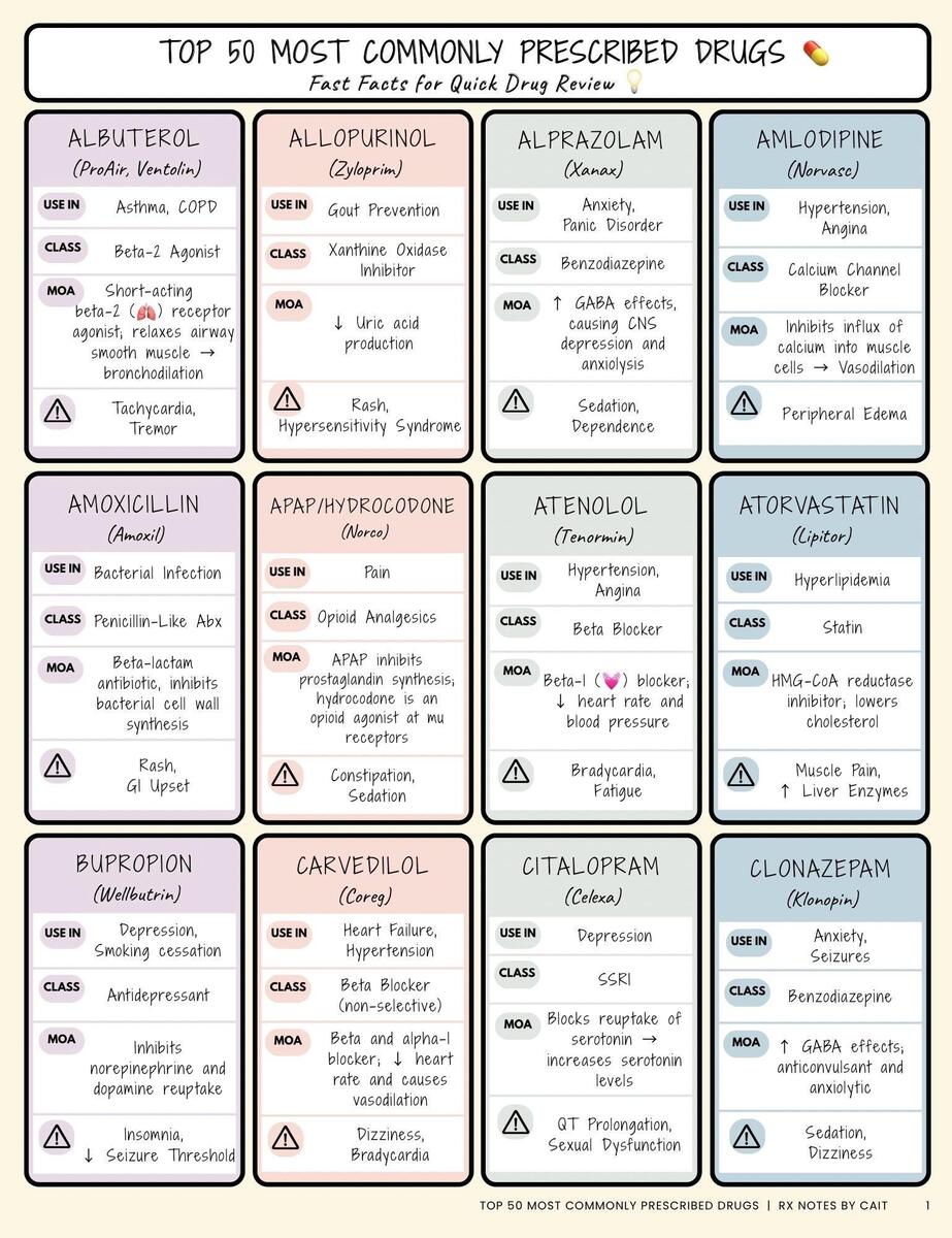Top 50 Most Common Drugs USA 2025 Cheat Sheet Pharmacy Study Guide Quick Med Reference For Rotations Exams Etsy