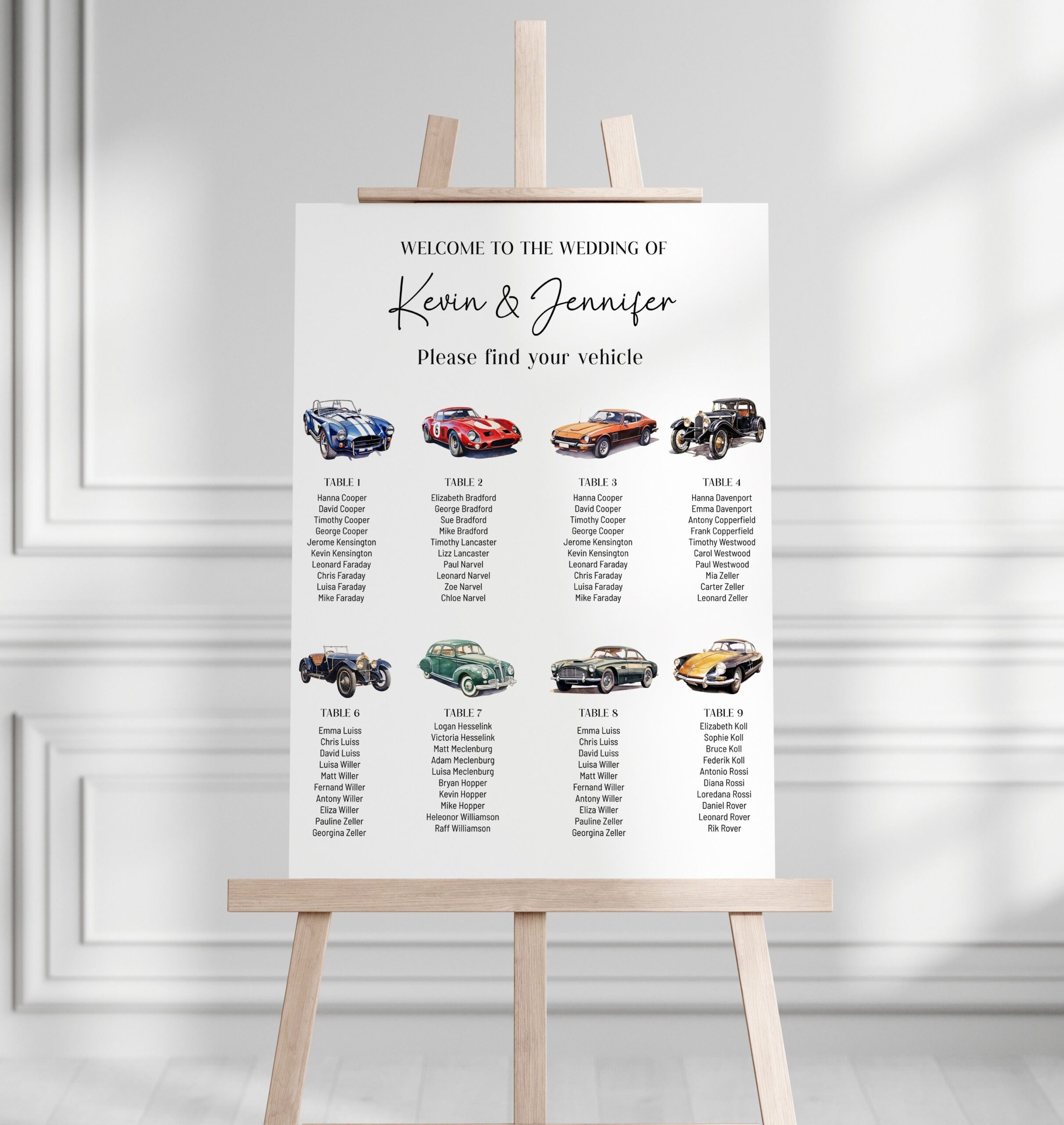 Vintage Cars Wedding Seating Chart Template Watercolor Vehicles Tableau De Marriage Table Cards Automotive Themed Instant Download AA061