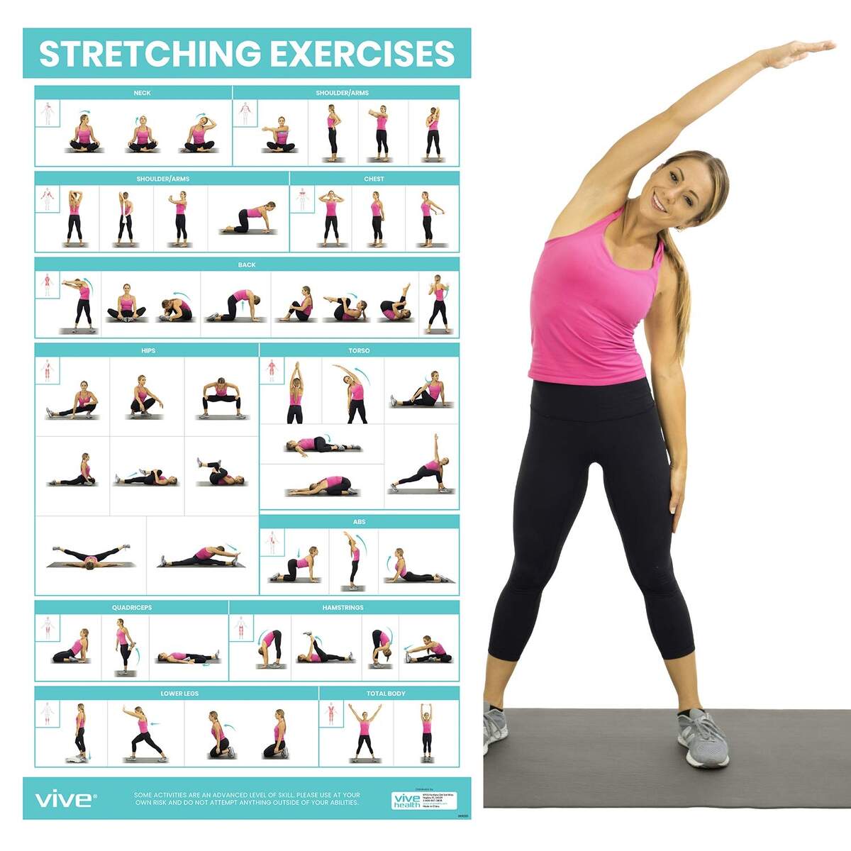 Vive Stretching Exercise Poster Stretch Workout For Rehab Gym Home Basic Fitness Bodyweight Poses Instruction Guide